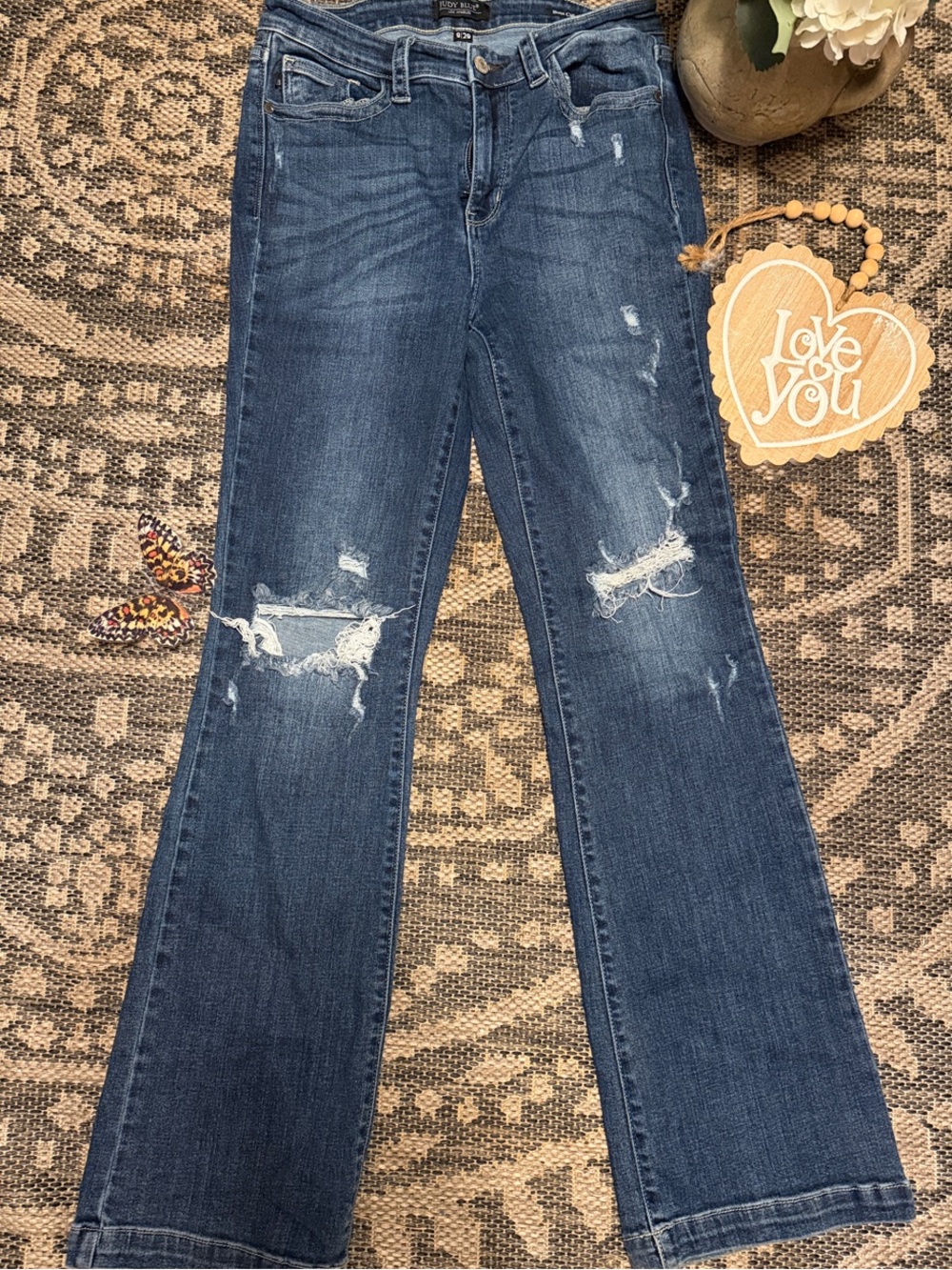 Judy Blue Medium Dark Blue Distressed Flare Jeans